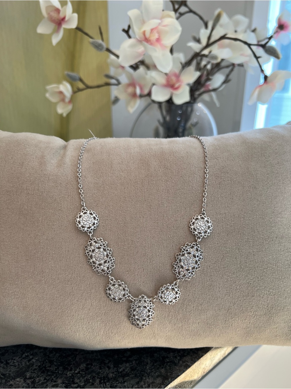 Vintage Silver Floral Filigree Necklace with Crystal Accents *Not 925